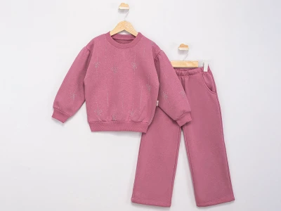 Toptan FEELY KİDS Fiyonk Taş Detaylı 3 İp Şardonlu Kız Takım  PEMBE - Beniz Bebe