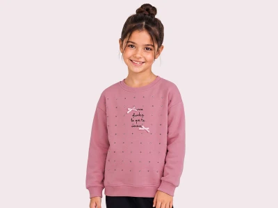 Toptan ROYA KİDS Fiyonklu Boncuk Detaylı 3 İp Şardonlu Kız Sweat  GÜLKURUSU - Beniz Bebe