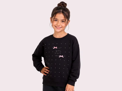 Toptan ROYA KİDS Fiyonklu Boncuk Detaylı 3 İp Şardonlu Kız Sweat  SİYAH - Beniz Bebe
