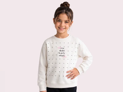 Toptan ROYA KİDS Fiyonklu Boncuk Detaylı 3 İp Şardonlu Kız Sweat  BEYAZ - Beniz Bebe