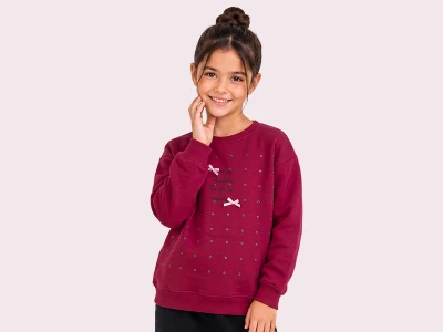 Toptan ROYA KİDS Fiyonklu Boncuk Detaylı 3 İp Şardonlu Kız Sweat  FUŞYA - Beniz Bebe