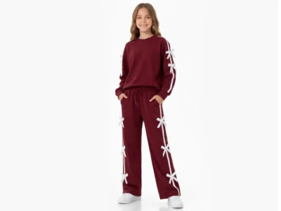 Toptan GİYDROP Fiyonklu Çizgili Oysho Kız Takım  BORDO - Beniz Bebe