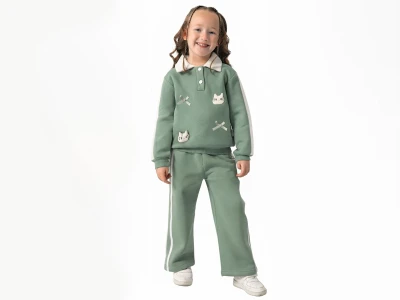 Toptan BURÇ BEBE Fiyonklu Kedili Düğmeli 3 İp Şardonlu Kız Takım  - Toptan Çocuk Giyim Beniz Kids
