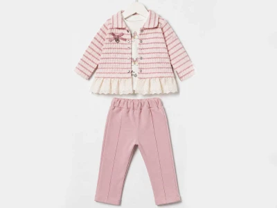 Toptan ELCİ BABY Fiyonklu Kız Bebe 3'lü Takım  PUDRA - Beniz Bebe