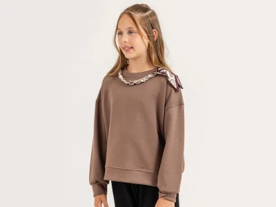 Toptan ÖZ BEBE Fularlı Düz Kız Sweat  KAHVERENGİ - Beniz Bebe