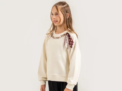 Toptan ÖZ BEBE Fularlı Düz Kız Sweat  KREM - Beniz Bebe