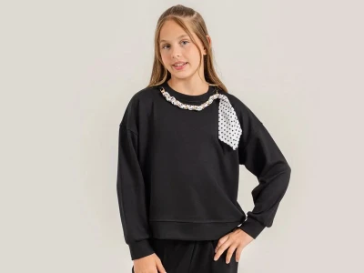 Toptan ÖZ BEBE Fularlı Düz Kız Sweat  SİYAH - Beniz Bebe