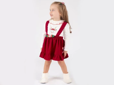 Toptan ÇİLEK BEBE Geyik Baskılı Noel Yılbaşı Kız İkili Salopet Set - Toptan Çocuk Giyim Beniz Kids
