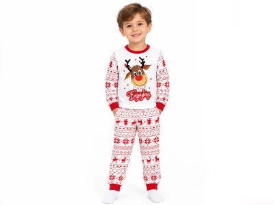 Toptan SÜPERMİNİ Geyik Baskılı Noel Yılbaşı Unisex Pijama Takım - Toptan Çocuk Giyim Beniz Kids