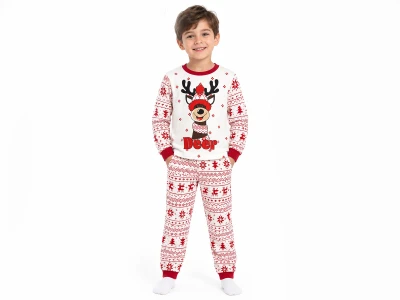 Toptan SÜPERMİNİ Geyik Baskılı Noel Yılbaşı Unisex Pijama Takım - Toptan Çocuk Giyim Beniz Kids