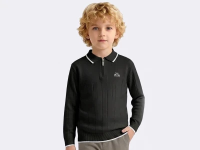 Toptan METEX Geyik Baskılı Triko Polo Yaka Erkek Sweat  SİYAH - Beniz Bebe