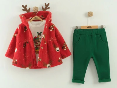 Toptan MİNİ BARAY Geyik Desenli Peluş Ceketli Üçlü Yılbaşı Noel Bebek Takım - Toptan Çocuk Giyim Beniz Kids