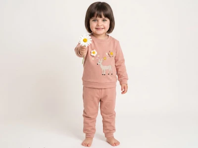 Toptan KARACON Geyik Nakışlı Çiçek Detaylı Kız Takım  - Toptan Çocuk Giyim Beniz Kids