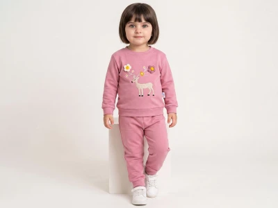 Toptan KARACON Geyik Nakışlı Çiçek Detaylı Kız Takım  GÜLKURUSU - Beniz Bebe