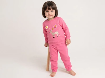 Toptan KARACON Geyik Nakışlı Çiçek Detaylı Kız Takım  PEMBE - Beniz Bebe
