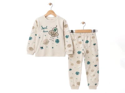 Toptan SÜPERMİNİ Gezegen Baskılı Erkek Çocuk Pijama Takımı BEJ - Beniz Bebe