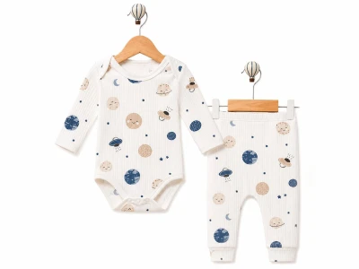 Toptan SÜPERMİNİ  Gezegen Desenli Erkek Bebe Takım  LACİVERT - Beniz Bebe