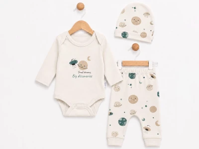 Toptan SÜPERMİNİ  Gezegen Desenli Erkek Bebe Üçlü Takım  - Toptan Çocuk Giyim Beniz Kids