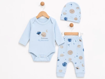 Toptan SÜPERMİNİ  Gezegen Desenli Erkek Bebe Üçlü Takım  AÇIKMAVİ - Beniz Bebe