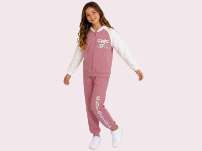 Toptan ROYA KİDS Girl Baskılı Fermuarlı Kapşonlu 3 İp Şardonlu Kız Takım  GÜLKURUSU - Beniz Bebe