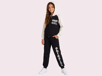 Toptan ROYA KİDS Girl Baskılı Fermuarlı Kapşonlu 3 İp Şardonlu Kız Takım  SİYAH - Beniz Bebe