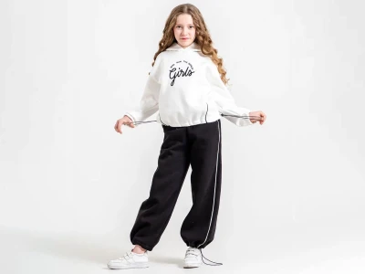 Toptan ÖZ BEBE Girls Detay Şardonlu 3 İp Kız Takım SİYAH - Beniz Bebe