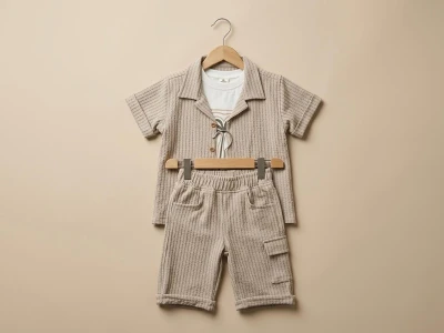 Toptan WEENY KİDS Gömlekli Üçlü Erkek Takım  BEJ - Beniz Bebe
