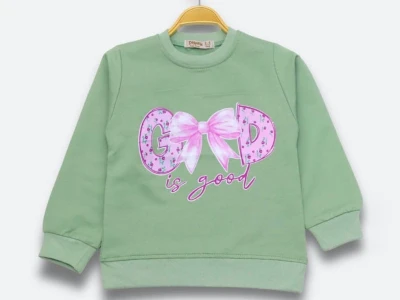 Toptan DIGIDIK KİDS Good Baskılı 2 İp Kız Sweat  YEŞİL - Beniz Bebe