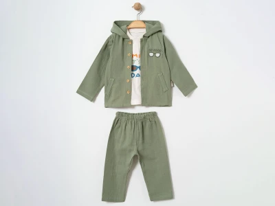 Toptan ÇITIR KİDS Gözlük Nakışlı Şapkalı Hırkalı Erkek Bebe Takım  YEŞİL - Beniz Bebe