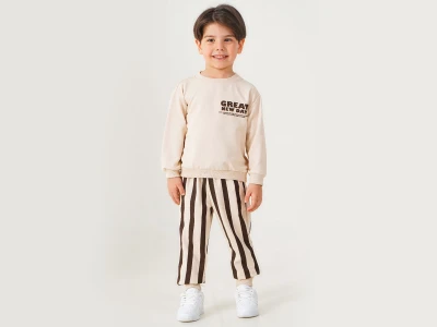 Toptan POYRAZ Great Baskılı Çizgili Erkek Takım  - Toptan Çocuk Giyim Beniz Kids
