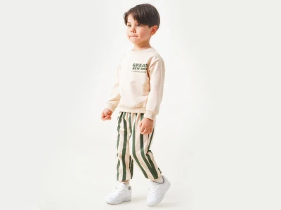 Toptan POYRAZ Great Baskılı Çizgili Erkek Takım  YEŞİL - Beniz Bebe