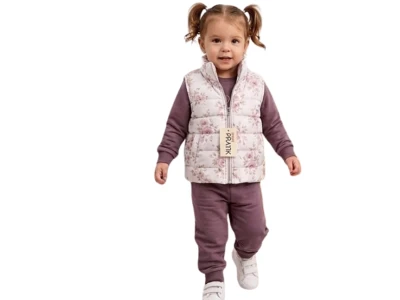 Gül Desenli Şişme Yelekli Kız Bebe Üçlü Takım 