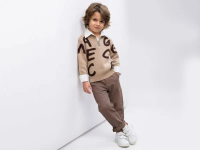 Toptan WEENY KİDS Harf Baskılı Trikolu Gömlekli Erkek Üçlü Takım  - Toptan Çocuk Giyim Beniz Kids