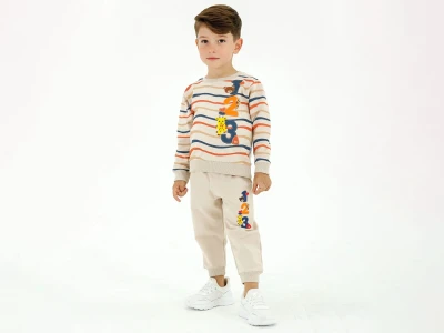 Toptan BICIR KİDS Hayvan Baskılı Çizgi Desenli Erkek Takım  - Toptan Çocuk Giyim Beniz Kids