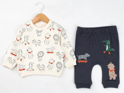 Toptan COMİX Hayvan Baskılı Erkek Bebe Takım  FÜME - Beniz Bebe