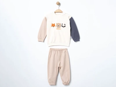 Toptan ÇITIR KİDS Hayvan Baskılı Erkek Bebe Takım BEJ - Beniz Bebe