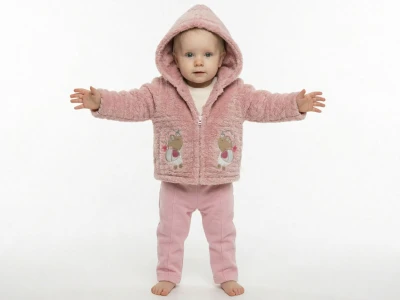 Toptan ELCİ BABY Hayvan Baskılı Peluş İçli Hırkalı Bebe Üçlü Takım  GÜLKURUSU - Beniz Bebe