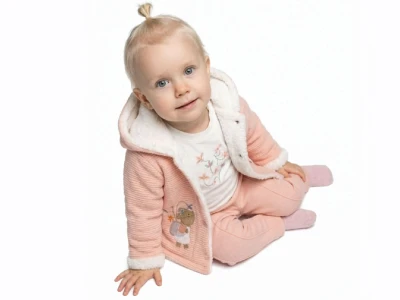 Toptan ELCİ BABY Hayvan Baskılı Peluş İçli Hırkalı Bebe Üçlü Takım  PUDRA - Beniz Bebe