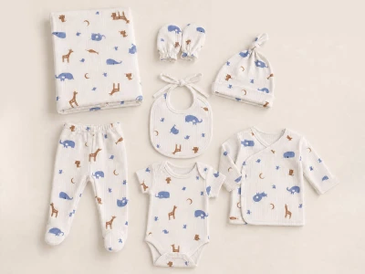 Toptan KAYRA Hayvan Desenli Erkek Bebe Hastane Çıkışı 7'li Zıbın Set  - Toptan Çocuk Giyim Beniz Kids