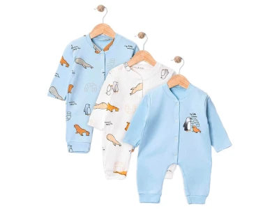 Toptan SÜPERMİNİ  Hayvan Desenli Erkek Bebe Üçlü Tulum  - Toptan Çocuk Giyim Beniz Kids