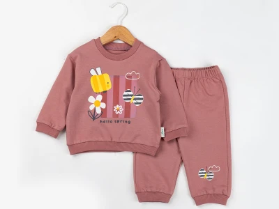 Toptan COMİX Hello Baskılı Kız Takım KAHVERENGİ - Beniz Bebe