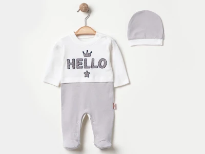 Hello Baskılı Şapkalı Erkek Bebe Tulum 