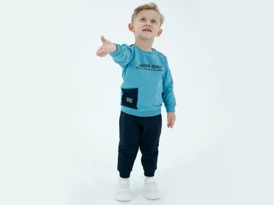 Toptan BICIR KİDS Hope Baskılı Cepli Erkek Takım  MAVİ - Beniz Bebe