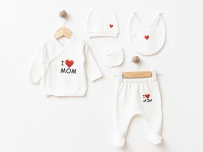Toptan ESYA I Love Mom Baskılı Unisex 5li Yenidoğan Zıbın Set - Toptan Çocuk Giyim Beniz Kids