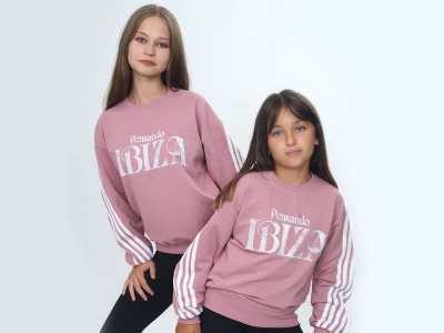 Toptan VIZVIZ İbiza Baskılı 2 İp Kız Sweat  GÜLKURUSU - Beniz Bebe