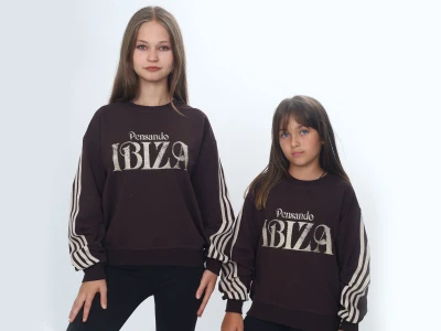 Toptan VIZVIZ İbiza Baskılı 2 İp Kız Sweat  KOYUKAHVE - Beniz Bebe