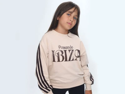 Toptan VIZVIZ İbiza Baskılı 2 İp Kız Sweat  BEJ - Beniz Bebe