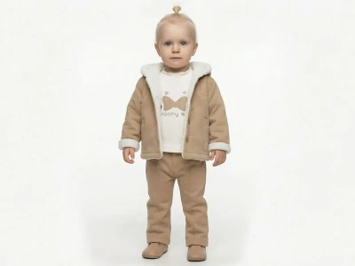 Toptan ELCİ BABY İçi Peluşlu Hırkalı Kız Bebe Üçlü Takım  BEJ - Beniz Bebe