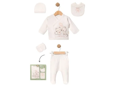 Toptan BABY ZUHU İkili Kedi Detay 5'li Hastane Çıkışı Kız Bebek Zıbın Set Powder - Beniz Bebe