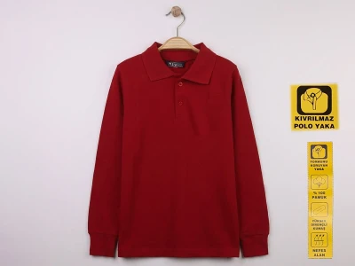 Ortaokul Boy Bordo Renk Kıvrılmaz Polo Yaka Okul Lakos Sweat